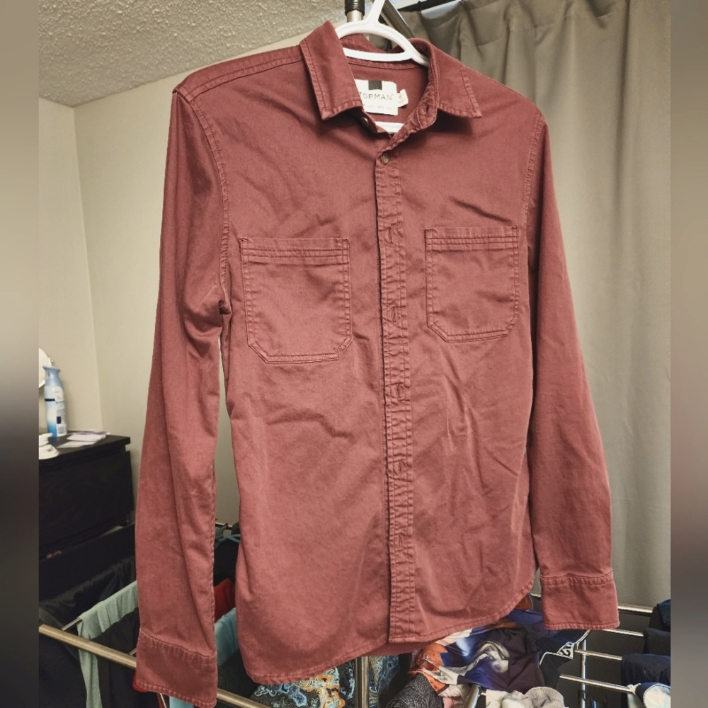 Top man men's casual long sleeve maroon shirt S